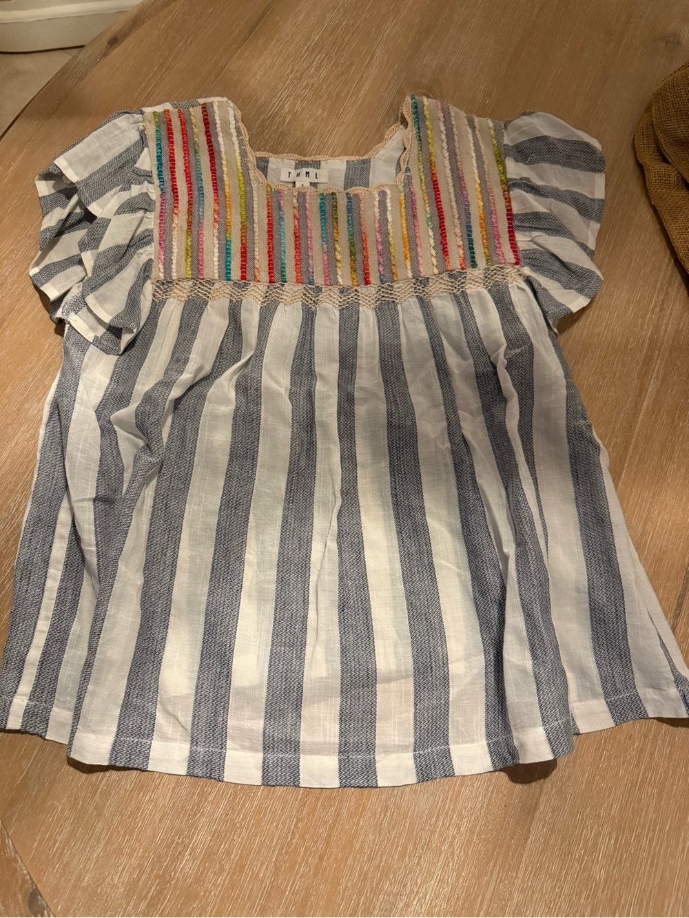 THML Blue & White Striped Girls Embroidered Yoke Top